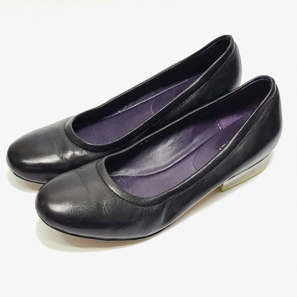 Vaneli Black Leather Round‎ Toe Ballet Flats Clear Lucite Block Heel Size 6.5